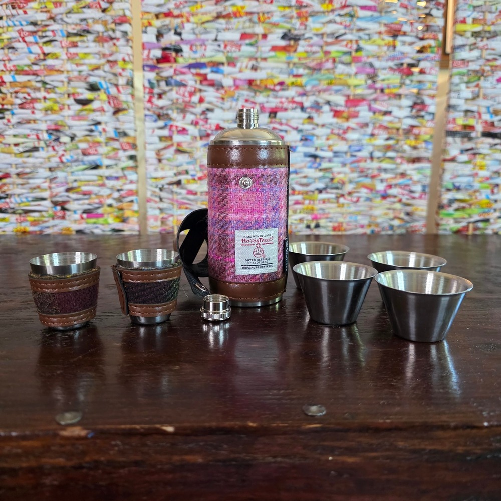 Harris Tweed Pink Purple Plaid Stainless Steel 8oz Flask Set with 6 Shot Cups